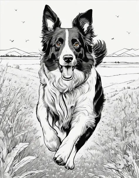 Border Collie running in a field, for coloring page, high quality, black and white, no shading, line art