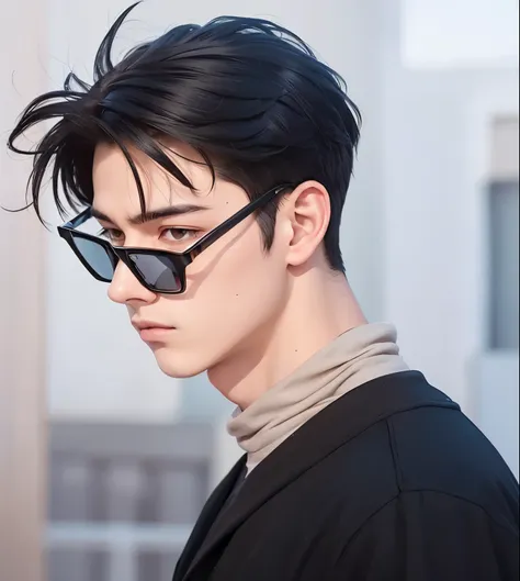 A teenage boy with realistic short black hair, the same realistic hairstyle, realistic handsome face, realistic cool expression, adapt the same realistic clothes, realistic glasses, realistic light, realistic shadows, realistic background, realistic good i...