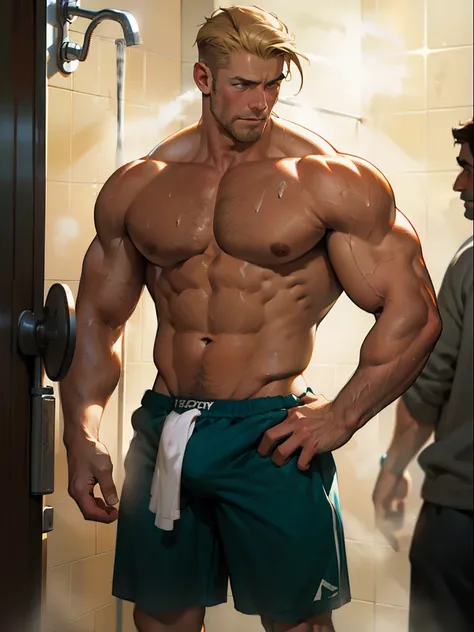 Masterpiece, sketch, 40 yo insanely handsome male figure study, young muscle-bound jock, standing, full stocky body, gym scene, covering crotch with a white towel, very sexy, crowded gym shower with spraying showers and showering men in th background, past...