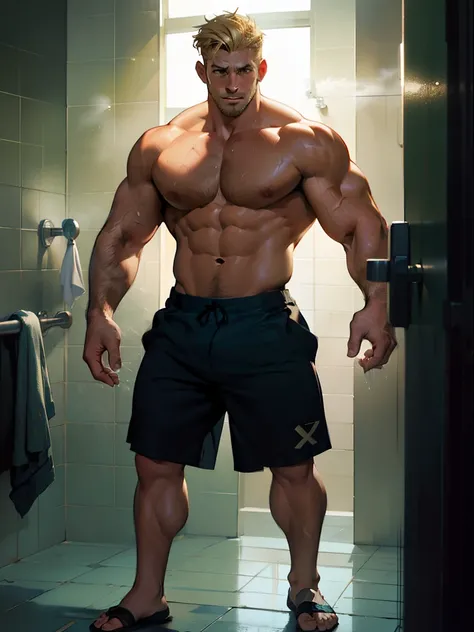 Masterpiece, sketch, 40 yo insanely handsome male figure study, young muscle-bound jock, standing, full stocky body, gym scene, covering crotch with a white towel, very sexy, crowded gym shower with spraying showers and showering men in th background, past...