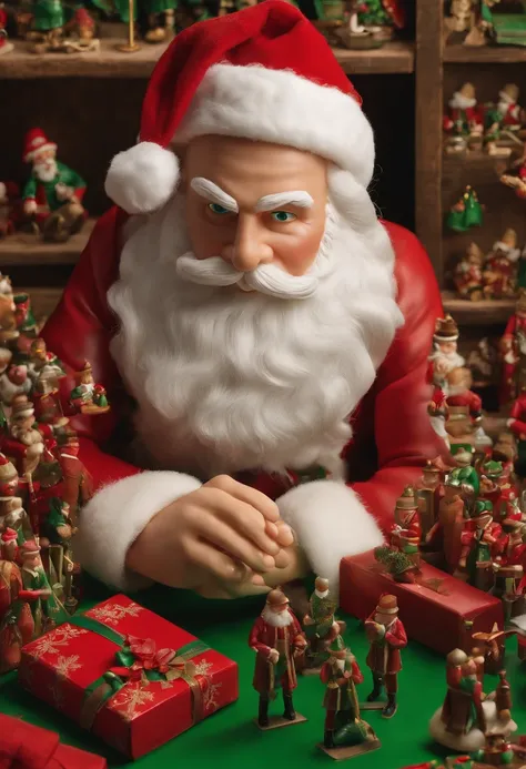 A close-up of Elfred meticulously arranging a display of toy soldiers in the workshop,original,Santa’s head elf, Elfred, presents a deceptive appearance with his small, sprightly frame, twinkling green eyes, and a constant smile under a neatly trimmed whit...