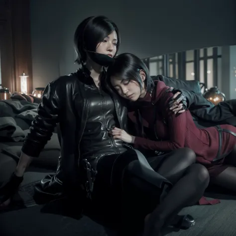 Ada wong ,Woman, wearing red hoody dress, bob hair, red polish, glazed expression, tired, Eyes closed