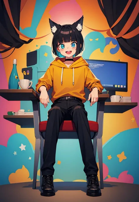 best quality, masterpiece, highly detailed, kawaii,
BREAK (short boy:1.3), 1boy, solo, (short hair, straight hair, black hair, blunt bangs, azure eyes:1.3), (wolf ears), choker, fangs, blush, (realistic:0.8), (sitting in chair, holding a gaming control.)
(...