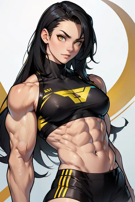 (((1girl muscular))) ((toned body)) black hair yellow eyes pale skin straight hair