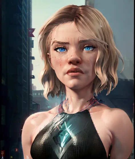 ((masterpiece)), (cinematic lighting), a close-up, beautiful stylized illustration of gwen_stacy, with a sidecut, asymetrical blonde hair, with incredibly detailed blue eyes and a beautiful detailed face, with parted lips, the side of her head shaved, bare...