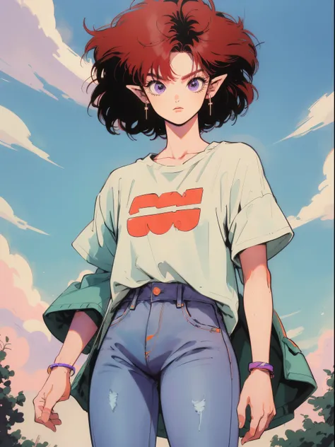 solo image, 80s anime, akira toriyama, Tadayoshi Yamamuro, dragonball, dragonball z, woman with purple skin and red hair, athletic, pointy ears, t-shirt with jeans, standing alone in front of a spaceship in a field