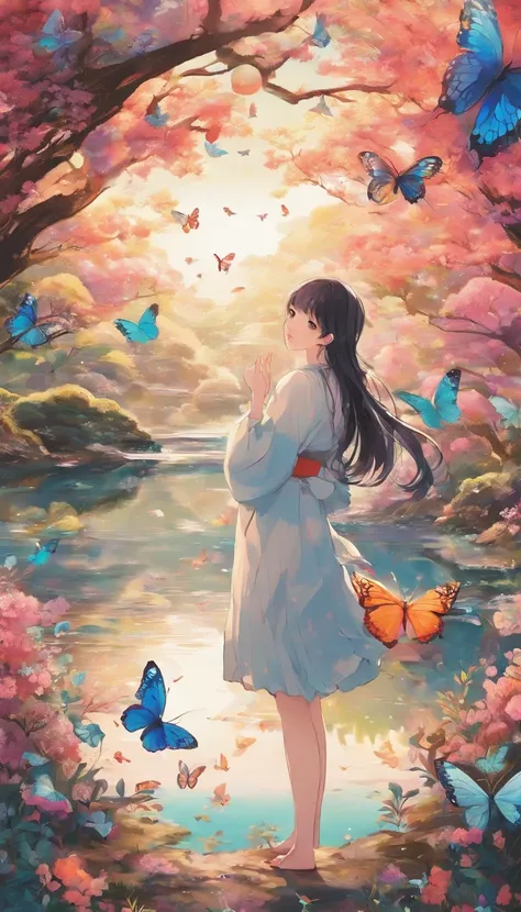 Beautiful energy art that gives power to those who see it。Landscape Images。butterflies dancing on the riverside。Fantastical。Dreamy。Fantasia。