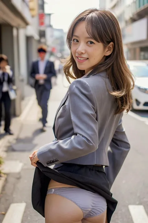 (Show your butt to the camera:1.5)Beautiful Girl, Brown hair, Long hair, (Curly hair), (((Panties that change color every time))), (((Very sweet smile))), looking at the viewers, (((Lift the hem of the skirt, Lift the hem of the skirt with both hands, Lift...