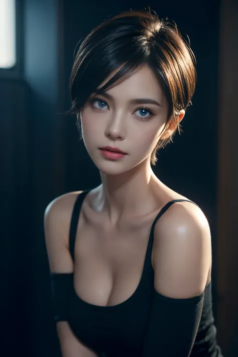 Short hair, Skin Tight Black Top:1.2, Looking at Viewer, Cinematic lighting, Perfect, softlight, High resolution skin:1.2, Realistic skin texture, Realistic face, off shoulders, Exposed cleavage, Blue eyes, Short hair,