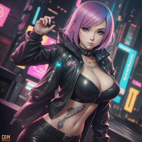 anime - style image of a woman in a leather outfit with a tattoo on her chest, oppai cyberpunk, cyberpunk 2 0 y. o model girl, female cyberpunk anime girl, cyberpunk anime girl, digital cyberpunk anime art, trending on cgstation, cyberpunk anime art, digit...