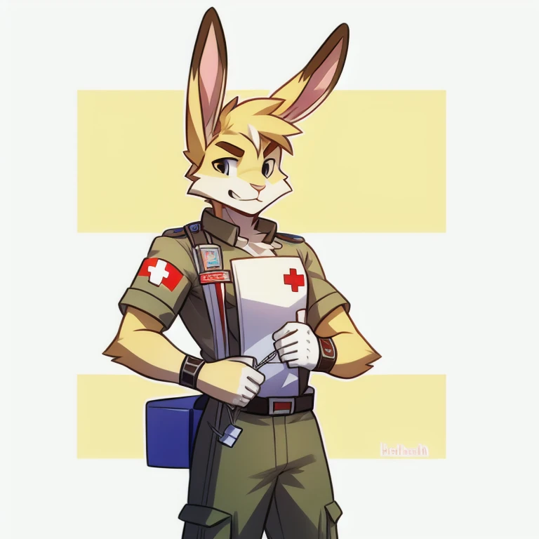 solo, male, rabbit, yellow colored fur, lean body, Anthropomorphic rabbit, medic Hellmat, needle mounted on wrist, unphased expression, combat medic outfit