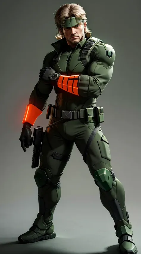 Solid snake with green technological suit and very bright orange LED lights very serious with arms crossed and a combat knife on his belt and gray background