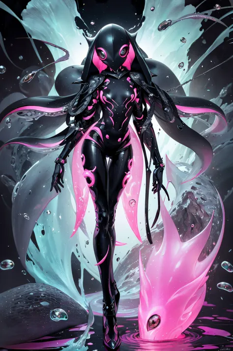 a humanoid squid. black body with pink subcolor. feminine. shiny. emits light. lips. full body image.