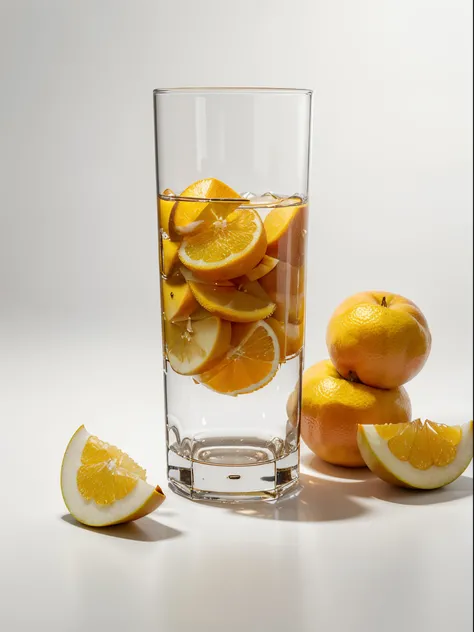 （Best quality，8K，Masterpiece：1.3），NOhumans，Clear glass，There are a lot of sliced pear in it、Oranges cut into cubes, blend, detalhe poderoso, intense detail, on the white background, Clear detail, professional,（Hyper-realistic：1.3）