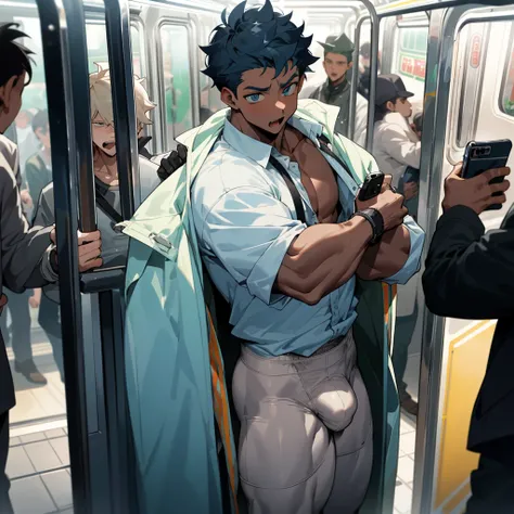 1 black boy subway standing, BOJO MAIOR, large bulge, large bulge, subway full of boys seting in shock with cell phones in their hands recording, big bulge in underwear, bunda grande