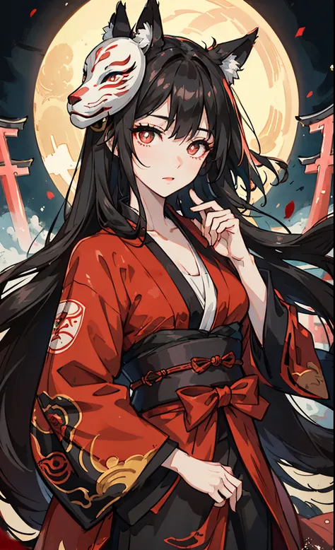 A MILF、A dark-haired、floting hair、Delicat eyes、red pupils、heroine、Fushimi Inari、Red torii gate、natta、Moon Night、Fox mask、black and red antique damask Hanfu、FOV、f1.8、masterpiece、complex scenes、Gorgeous portrait shots