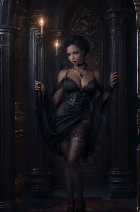 (best quality, 4k, 8k, highres, masterpiece:1.2), ultra-detailed, (realistic,photorealistic,photo-realistic:1.37), gorgeous light skin black woman, vampire, seductive gaze, elegant posture, gothic background, sensual beauty, gothic fashion, black gothic mi...