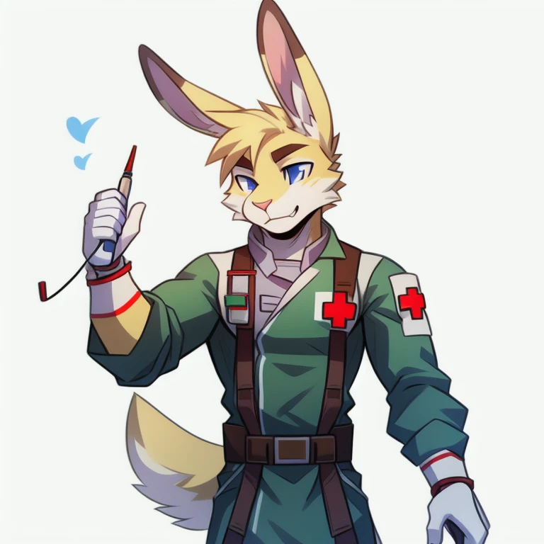 solo, male, rabbit, yellow colored fur, lean body, Anthropomorphic rabbit, medic Hellmat, needle mounted on wrist, unphased expression, combat medic outfit