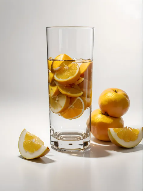 （Best quality，8K，Masterpiece：1.3），NOhumans，Clear glass，There are a lot of sliced pear in it、Oranges cut into cubes, blend, detalhe poderoso, intense detail, on the white background, Clear detail, professional,（Hyper-realistic：1.3）