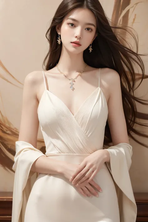 1girl,(upper_body:1.2),long leg,an extremely best quality,masterpiece,center,long hair,photo..,(best quality),((masterpiece)),extremely detailed 8K wallpaper,(an extremely delicate and beautiful),jewelry,necklace,elegant posture,mural,