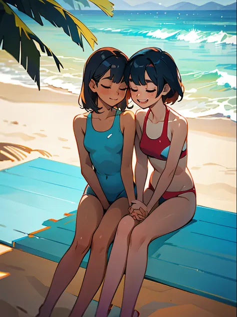 two people, sitting, next to each other, beach, sunshine, holding hands, wearing swimsuits