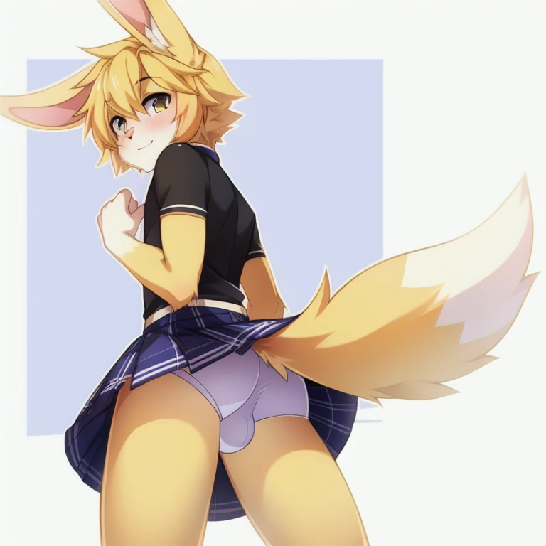 solo, male, rabbit, yellow colored fur, lean body, Anthropomorphic rabbit, femboy, Skirt, noticeable bulge