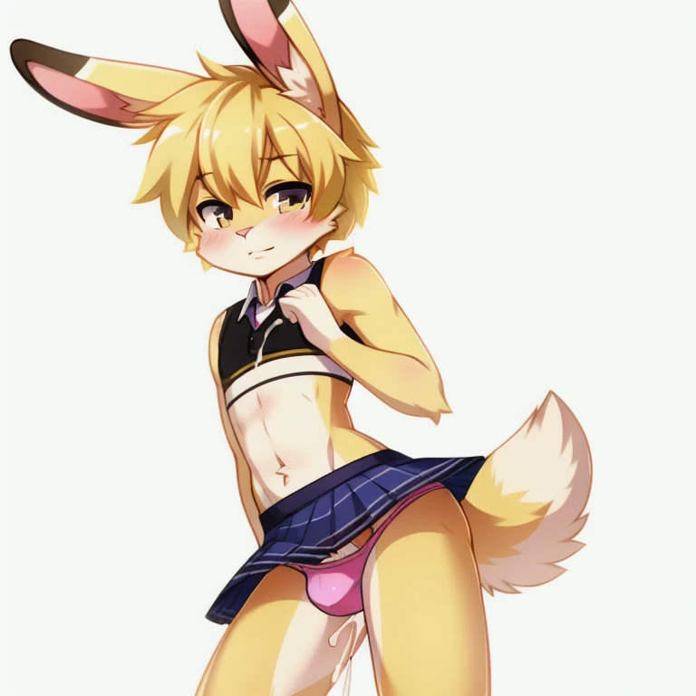 solo, male, rabbit, yellow colored fur, lean body, Anthropomorphic rabbit, femboy, Skirt, noticeable bulge, cum through panties