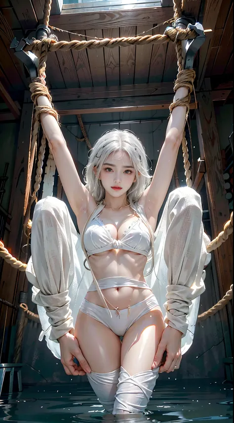 Super beautiful glowing eyes、The girl hangs from the ceiling，Both arms are tied with thick ropes、Sweated、The rope tied her body、a wet body、Thick rope cut into crotch、A large amount of fluid leaks from the crotch、torn bra、wet white underwear、One leg is susp...