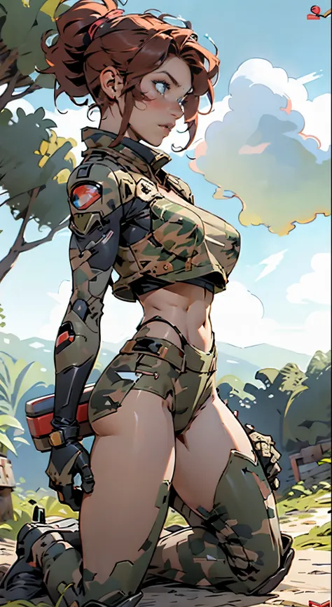 1woman 20 years old, max resolution, sculpted, military, wearing a soldier helmet, beautiful, perfect body, red hair, blue eyes, perfect body, thin waist, wide hips, large breasts, slim thighs, jungle background, armored vehicle, military robot dog, camouf...