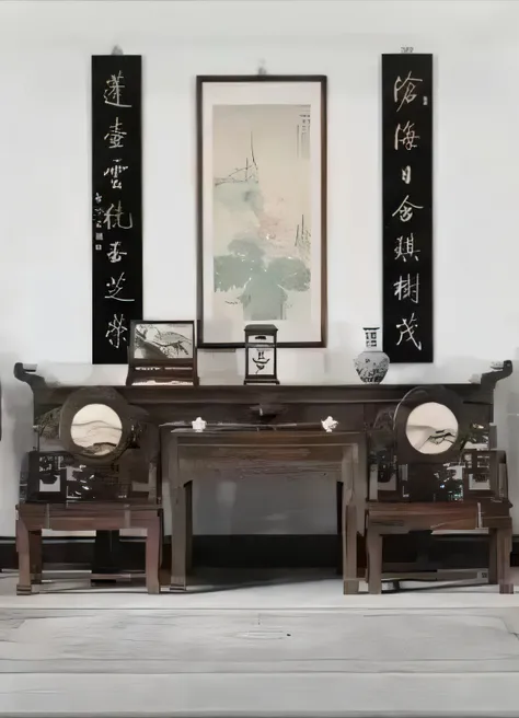 There were two chairs and a table in the room，Oriental writing on the wall, style of guo hua, Inspired by Zhang Shunzi, Inspired by Hu Jieqing, museum ink painting, Inspired by Zhang Shengwen, Fenghua bell style, inspired by Luo Zhichuan, Nguyen Chia style