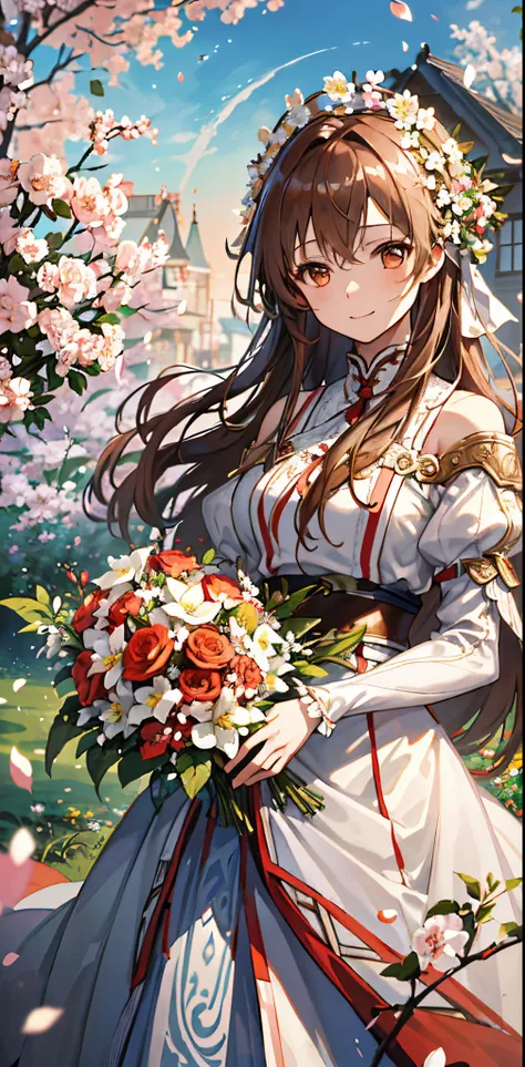 (​masterpiece、top-quality、illustratio、Extremely high quality、high-level image quality、Extremely sensitive writing)Girl with long brown hair standing in beautiful flowery garden、A slight smile、She has a large bouquet、Cute national costume style dress with r...