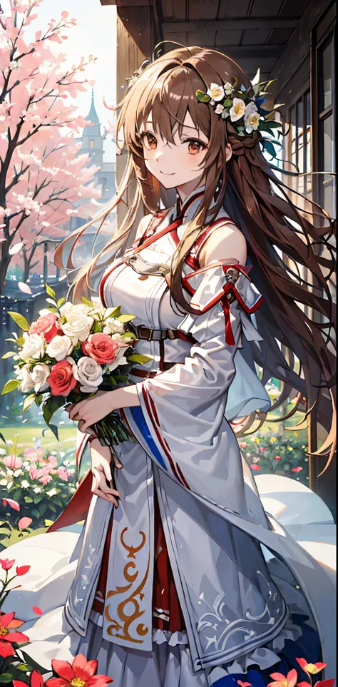 (​masterpiece、top-quality、illustratio、Extremely high quality、high-level image quality、Extremely sensitive writing)Girl with long brown hair standing in beautiful flowery garden、A slight smile、She has a large bouquet、Cute national costume style dress with r...