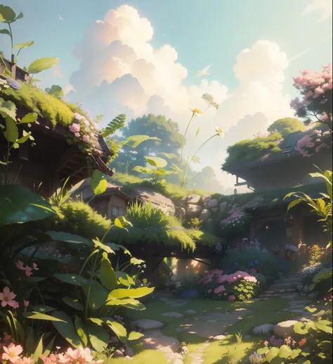 Cartoon picture of a garden，There are flowers and plants inside, floral environment, inspired by Krenz Cushart, Detailed scenery – width 672, Environmental design illustration, Anime landscape concept art, krenz cushart and wenjun lin, Anime background art...