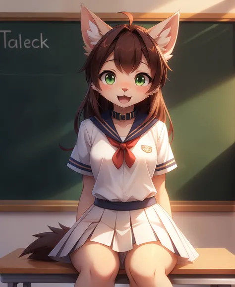 1girl, rolo, furry, body_fur, rolo_stuff, green_eyes, solo, tail, animal_nose, blush, closed_mouth, green_eyes, looking_at_viewer, neckerchief, pleated_skirt, sailor_collar, school_uniform, short_sleeves, sitting, skirt, twitter_username, wariza, tail wagg...