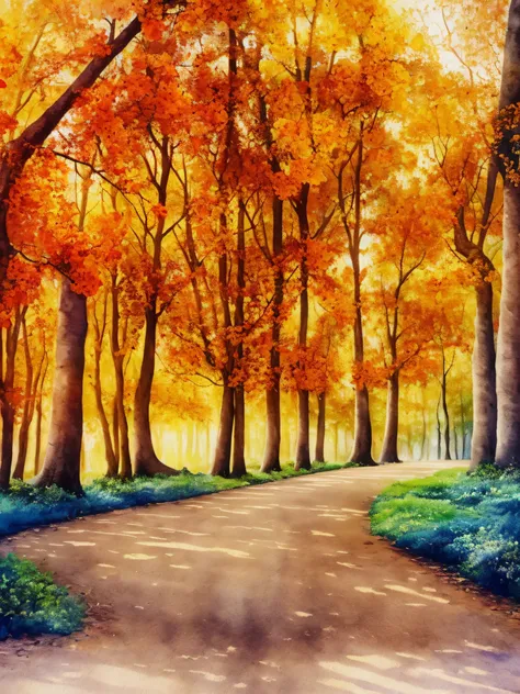 forest, trees, magical aura, painted style, water painting, colorful, secret path, magical forest, trees side by side next to the main path, masterpiece art, watercolor paiting,