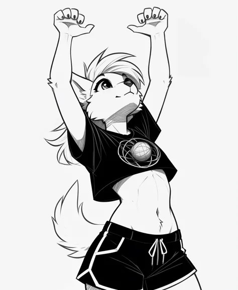 1girl, rolo, furry, body_fur, rolo_stuff, solo, tail, monochrome, simple_background, shirt, crop top, shorts, white_background, on back, arms up, yarn ball, looking up, lineart