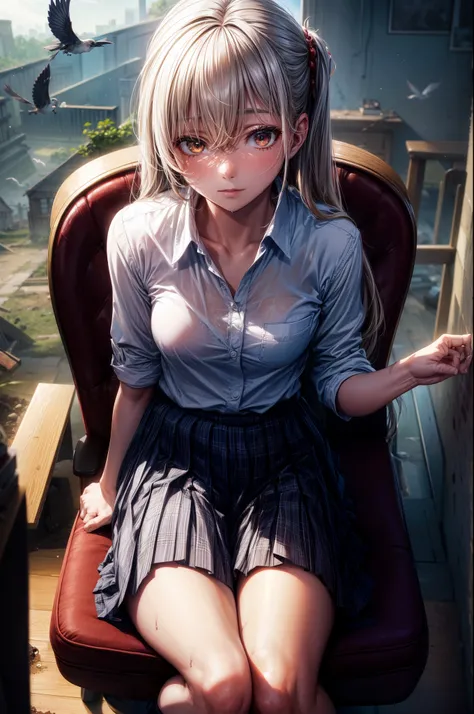 Artie Future Animation. birds eyes view, Dirty woman sitting on chair in dilapidated house, Wet hair covering eyes, Detailed slim fit shirt and pleated skirt. vixip, closeup landscape, hurt. Freehand drawing, 电影灯光, The is very detailed. The white, Brown, R...