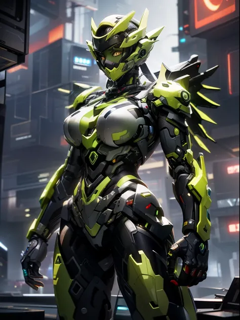 ((ultra detailed CG, 8k)), 1woman, green hair, yellow eyes, (perfect body), with cybernetic wings, in the futuristic setting, with a sovereign look at the audience, (cyberpunk style lighting), (fine details), (hyper detailed).