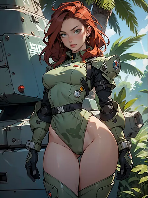 1woman 20 years old, sculpted, military, wearing a soldier helmet, beautiful, perfect body, realistic, red hair, perfect body, thin waist, full outfit, wide hips, large breasts, slim thighs, jungle background, armored vehicle, flying fighters, military rob...