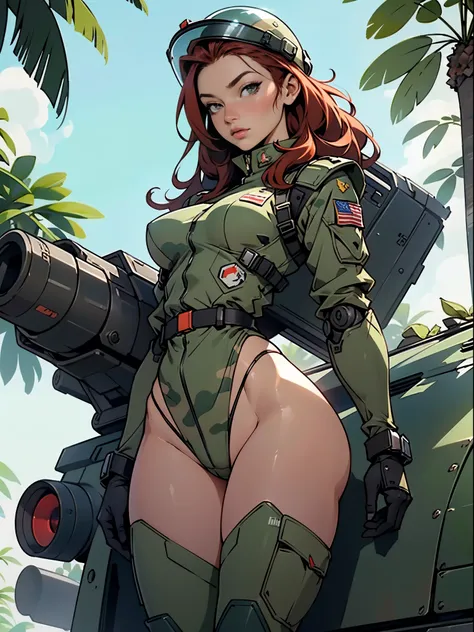 1woman 20 years old, sculpted, military, wearing a soldier helmet, beautiful, perfect body, realistic, red hair, perfect body, thin waist, full outfit, wide hips, large breasts, slim thighs, jungle background, armored vehicle, flying fighters, military rob...