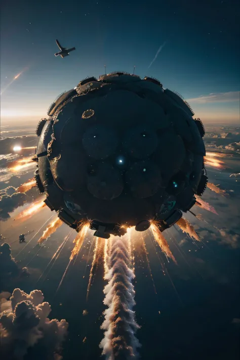 Spaceship explosion, realistic details, ultra-realistic, bright picture, ultra-wide angle, birds-eye view, high reality, light and dark