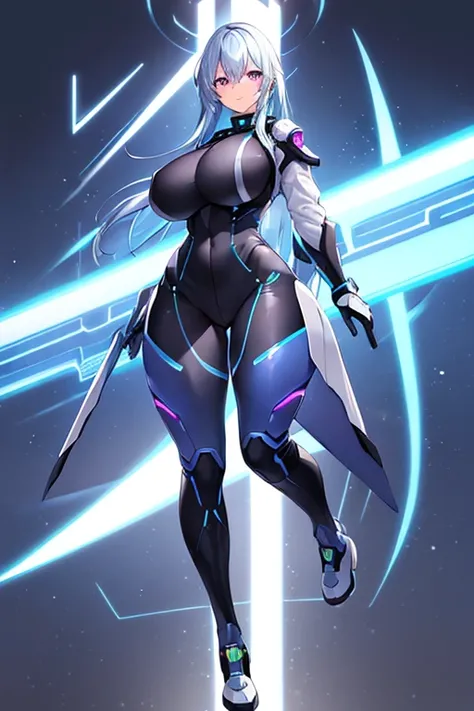 1girl, blue hair, large breasts, wide hips, bodysuit, science-fiction, tech, futuristic, machinery, full body, ((full body)), neon trim, white hair, long hair, purple eyes, white bodysuit, smile, light smile