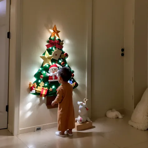 There is a child standing in front of the Christmas tree, Christmas tree, hight decorated, Renovation completed, hanging, There is a tree in the background, light lighting side view, Christmas Eve, decor, placed in a living room, christmas, side angle, ang...