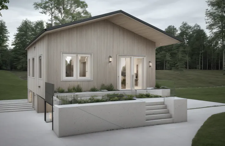 Scandinavian contemporary house, gable roof, large windows, photorealistic, smooth limestone accents, light wood accents, double garage, driveway