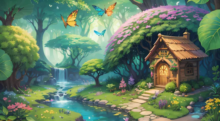 Create a fairytale kingdom a magical and enchanting place filled with beauty and wonder. It&#39;s a lush environment, exotic scenery，Filled with colorful flowers and exotic plants. The sun shines in through the tall pavilions, green leafy trees, Create cap...