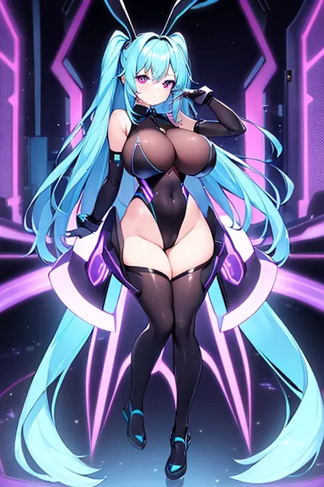 1girl, blue hair, large breasts, bunny ears, rabbit ears, wide hips, bodysuit, black bodysuit, long hair, science-fiction, tech, futuristic, machinery, full body, ((full body)), neon trim, purple eyes