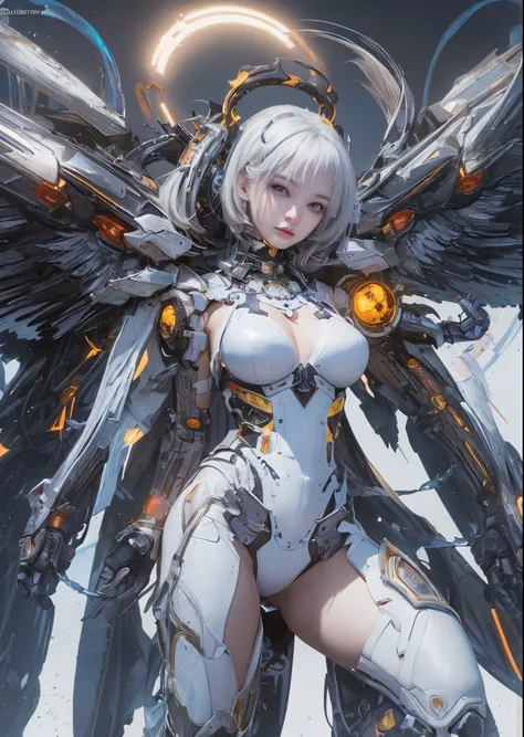 (((Full body shot)))、 top-quality、​masterpiece、A high resolution、(Photorealsitic:1.4)、Raw photo、Battle Cyborg Angel、large wings made of metal、White porcelain body、Acrylic Clear Cover、white  hair、glowy skin、1 Cyborg Girl、Beautiful girl、 ((super realistic de...