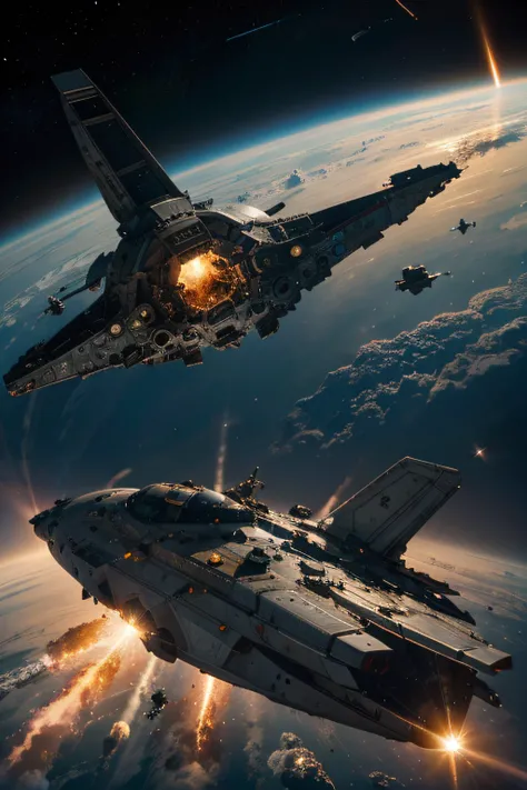 Spaceship explosion, destruction in space, realistic details, hyper-realism, bright picture, ultra-wide angle, birds-eye view, high reality, light and dark