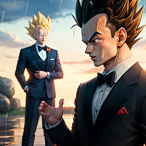 Goku in a tuxedo with vegeta in a tuxedo in the rain