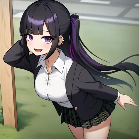 Young girl, black hair, assymetric hair, symetric bangs,japanese student outfit, dark green plaid skirt, nose and ear piercings, purple highlights in hair, bulging eyes, happy expression, in a school, 4k, masterpiece, Anime, HD,